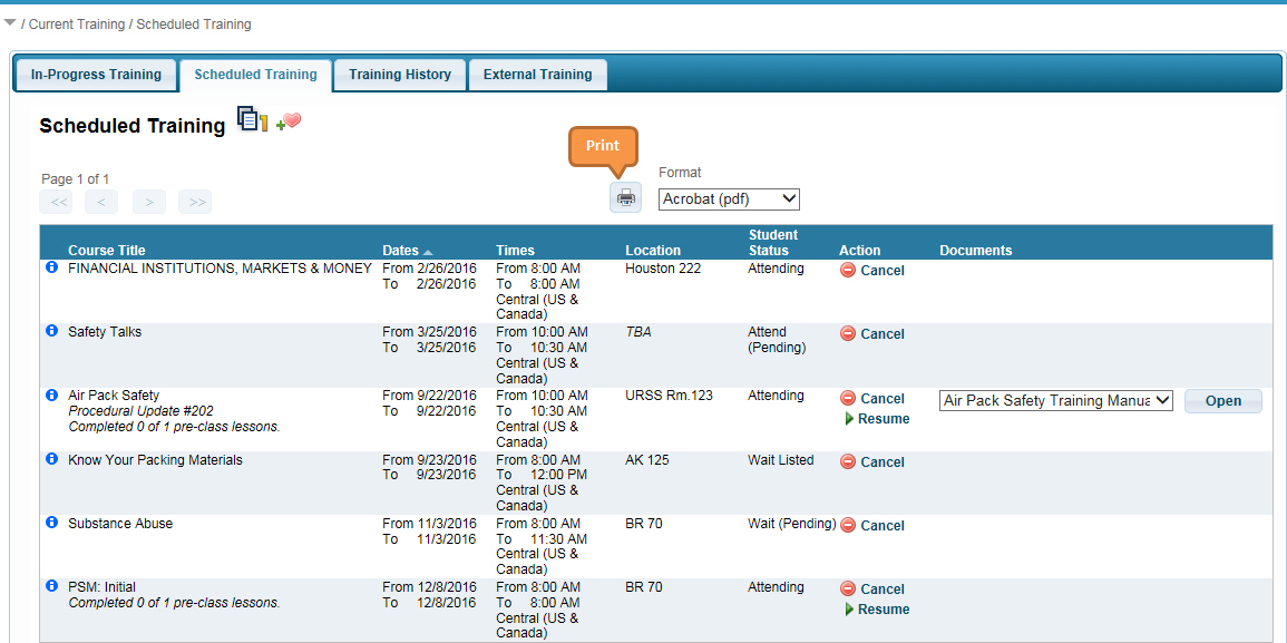 Schedule Training Grid Schedule Training Grid