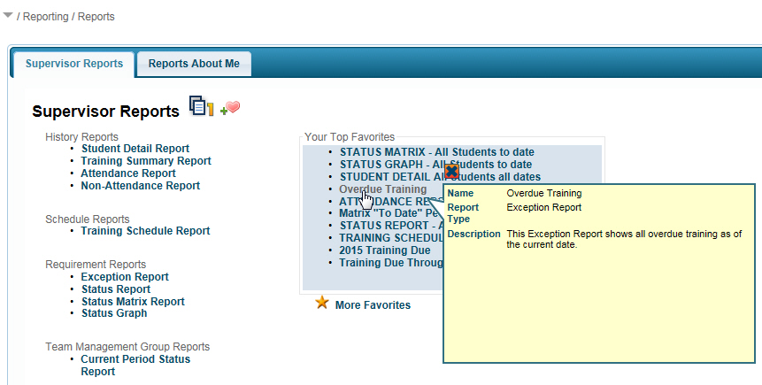 Supervisor Report Menu with Favorites